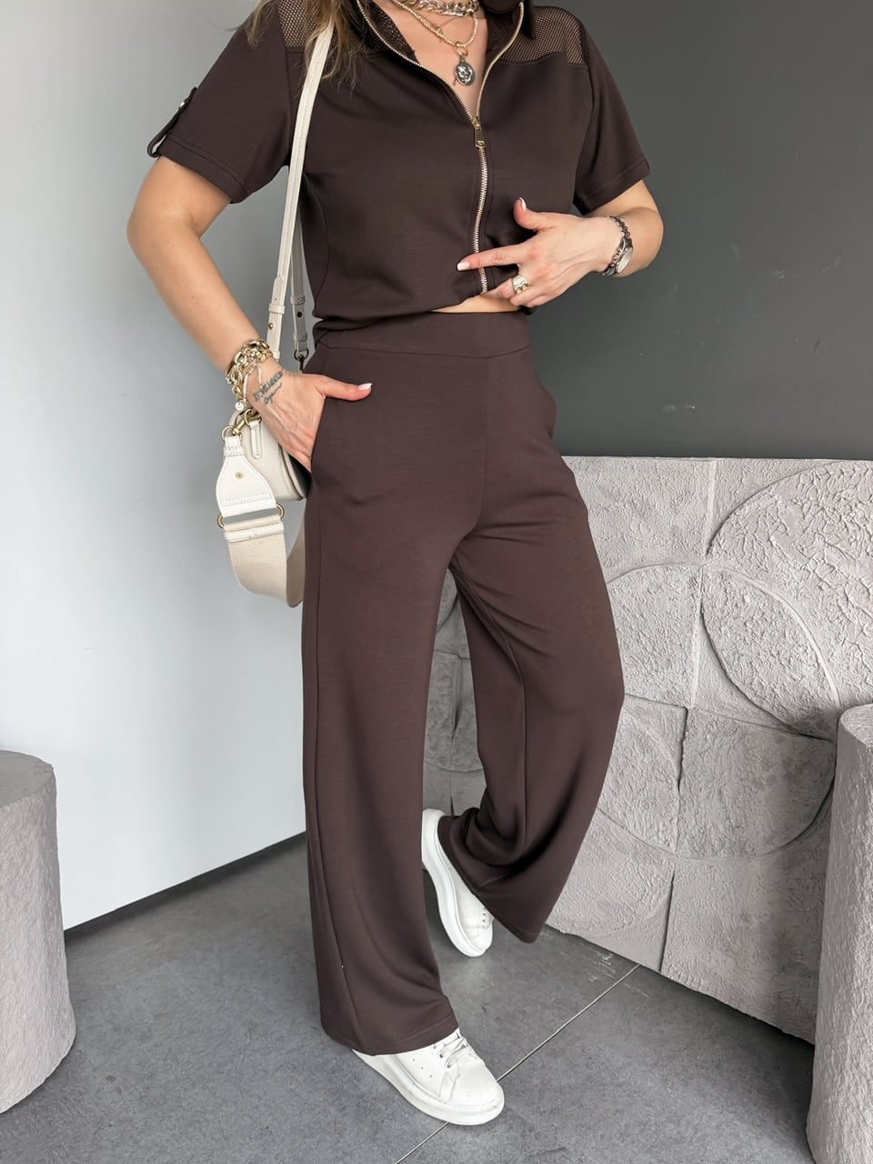 Kahve Omuzları Fileli Modal Takım