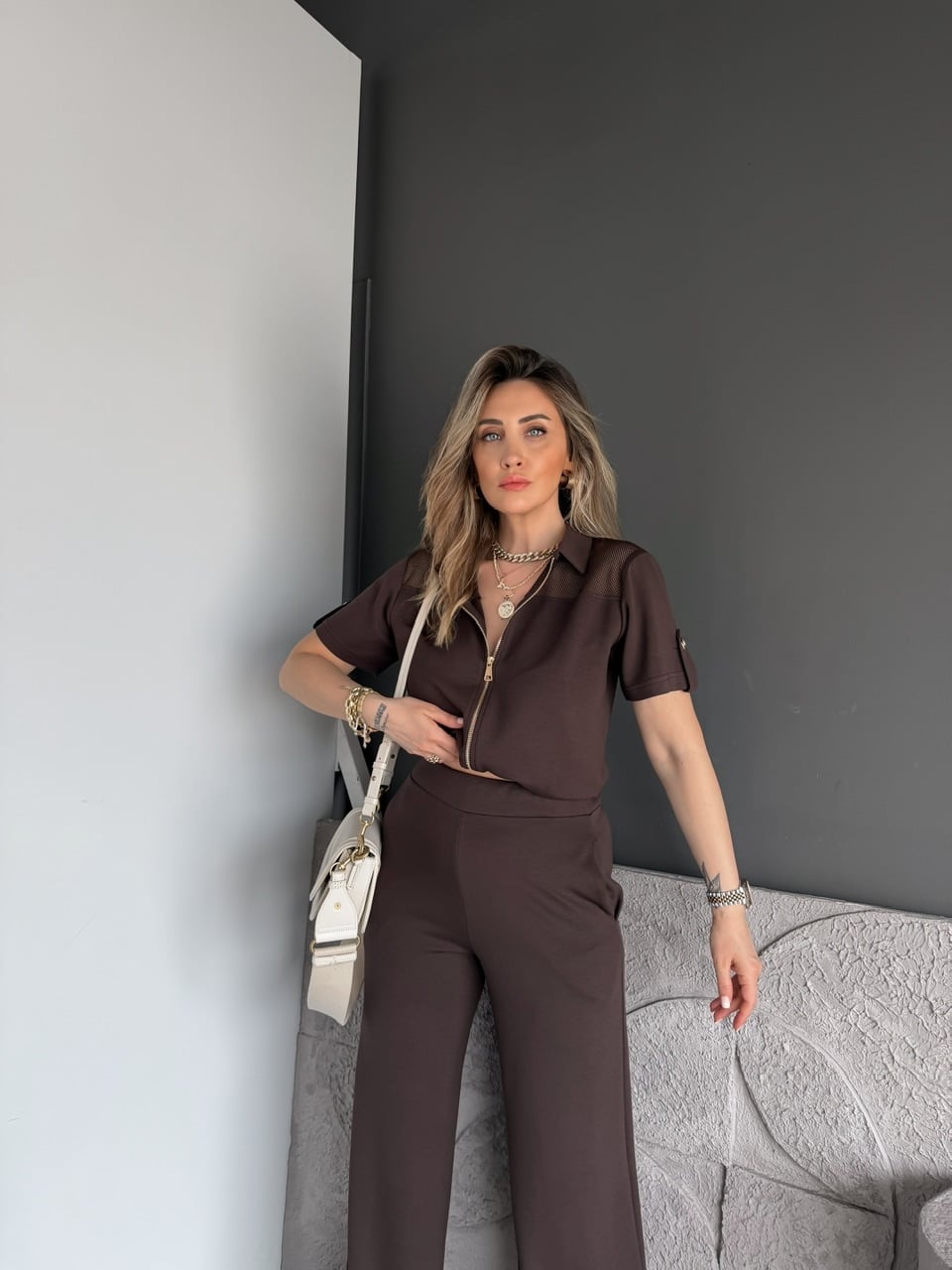 Kahve Omuzları Fileli Modal Takım