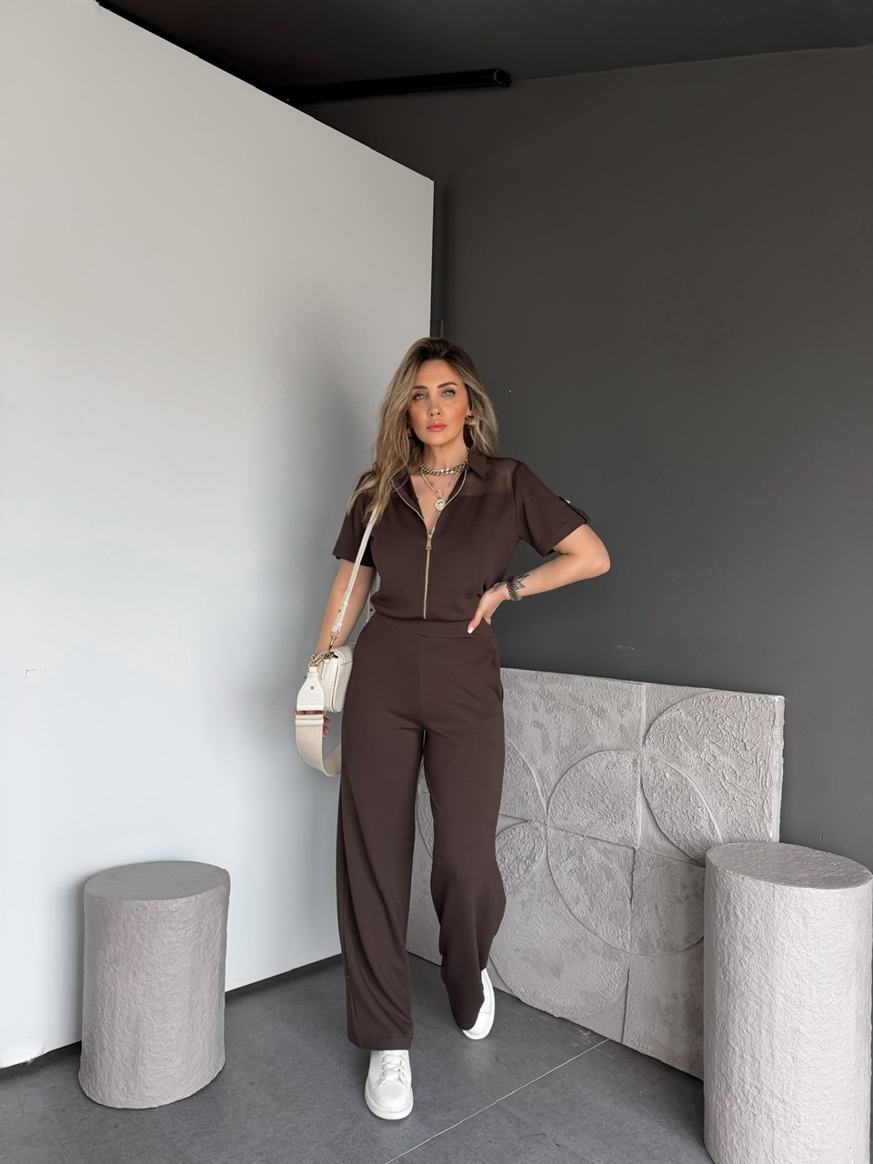Kahve Omuzları Fileli Modal Takım