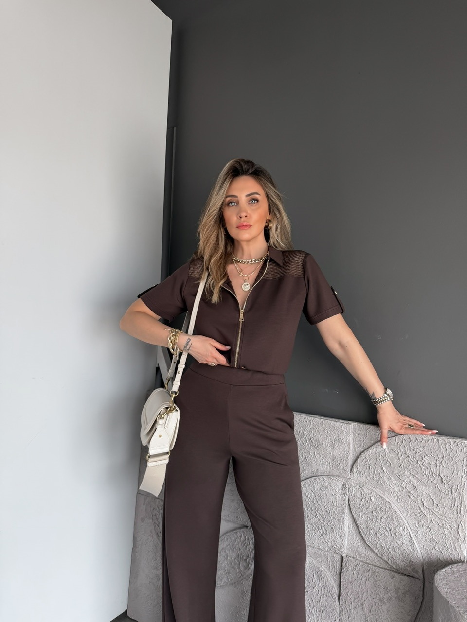 Kahve Omuzları Fileli Modal Takım