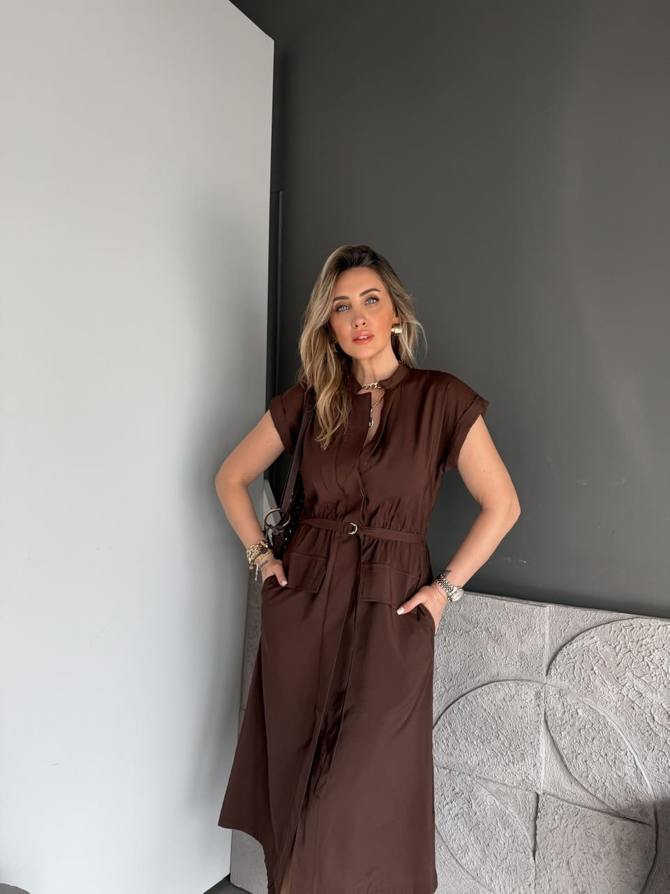 Kahve Ön Cepli Kemer Aksesuarlı Elbise