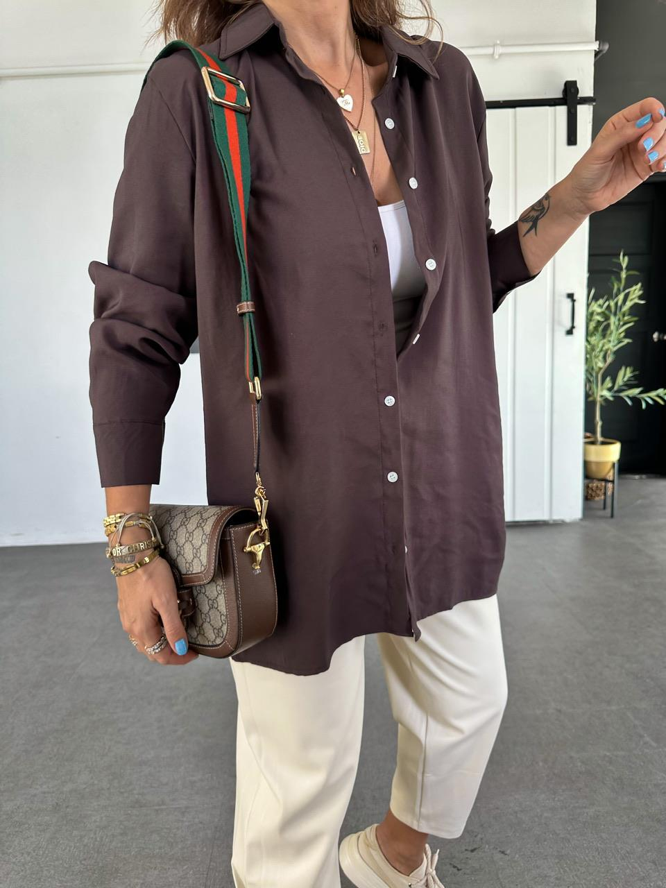 Kahve Oversize Cotton Gömlek