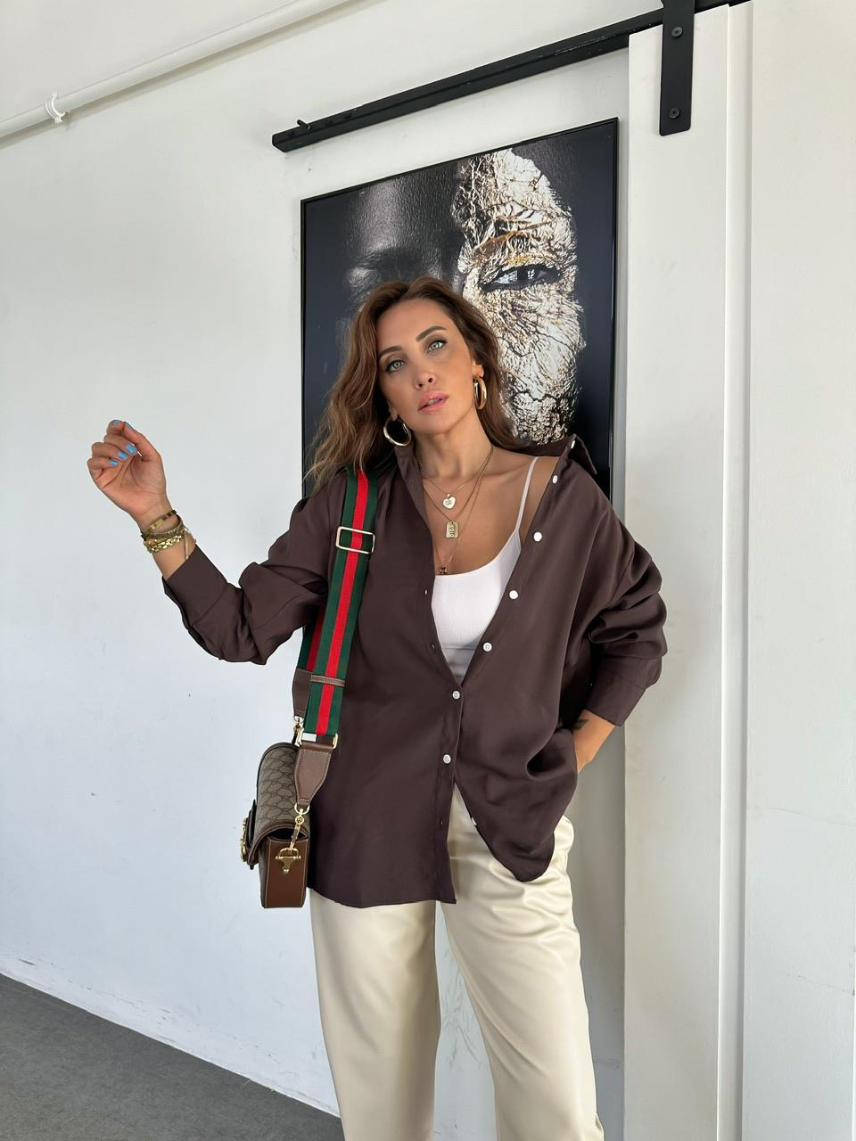 Kahve Oversize Cotton Gömlek