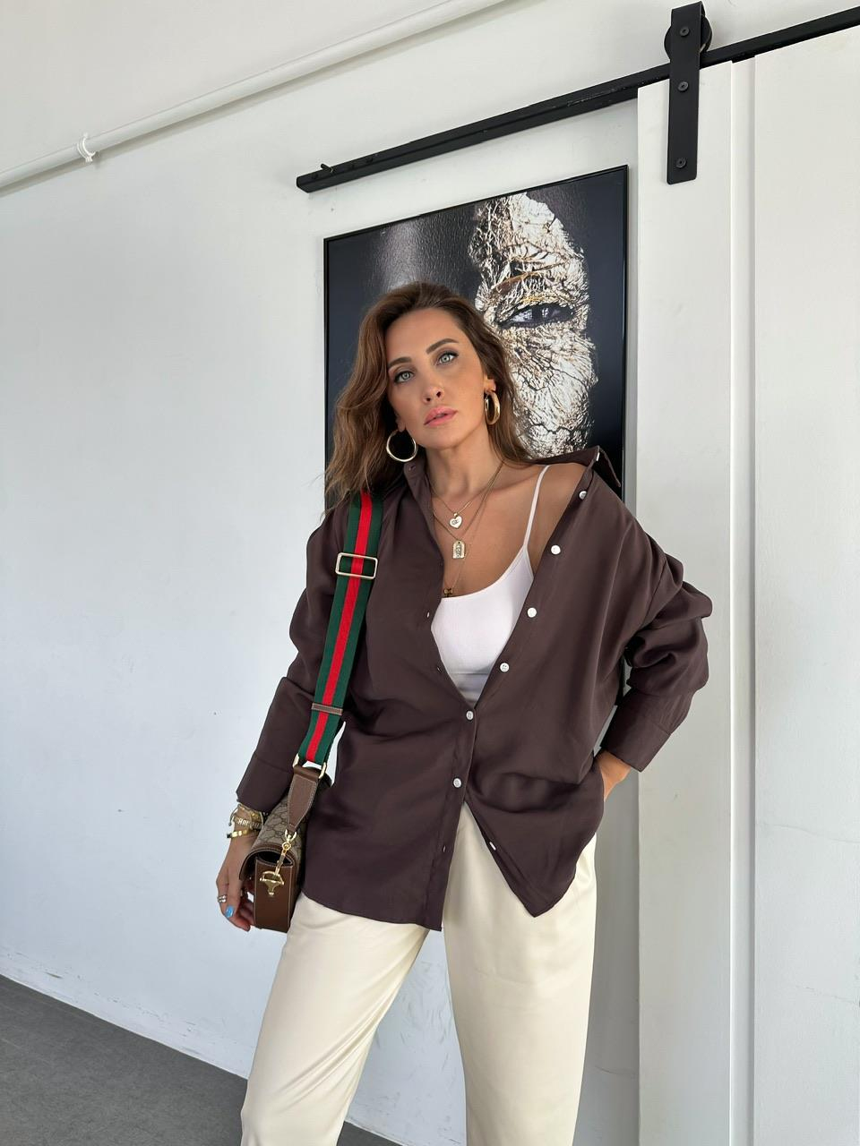 Kahve Oversize Cotton Gömlek