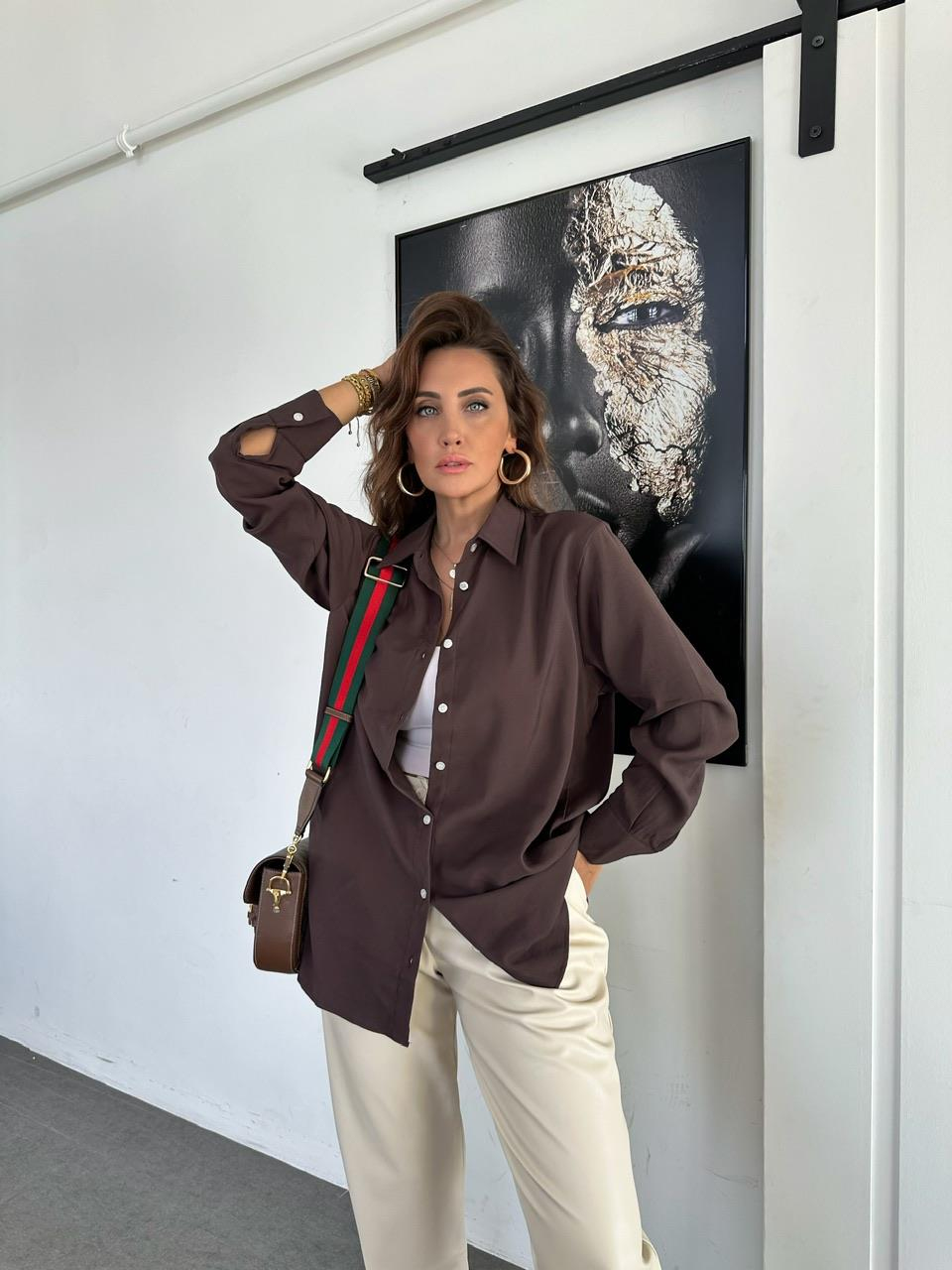 Kahve Oversize Cotton Gömlek
