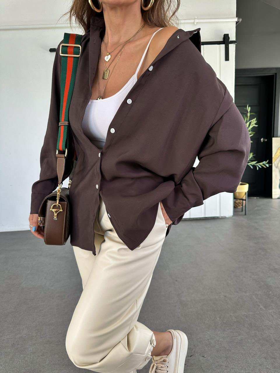Kahve Oversize Cotton Gömlek