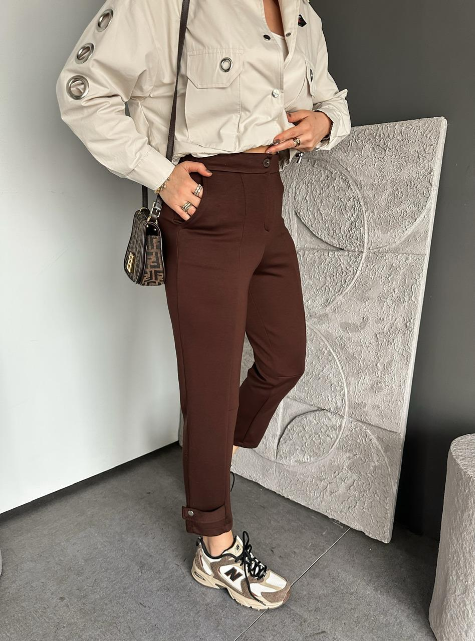 Kahve Paçası Çıtçıtlı Ful Likralı Pantolon