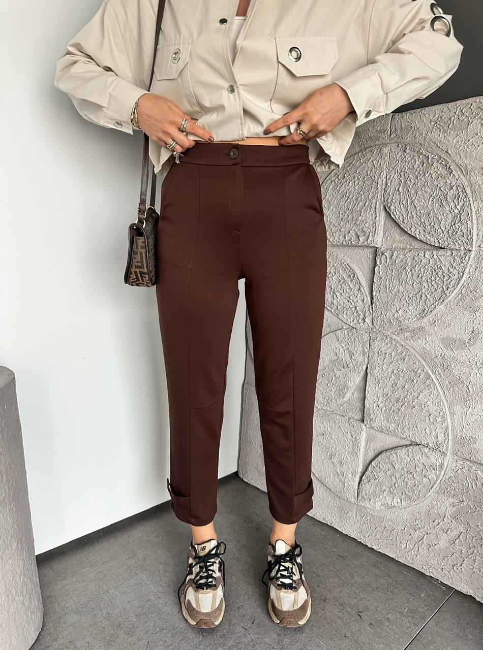 Kahve Paçası Çıtçıtlı Ful Likralı Pantolon