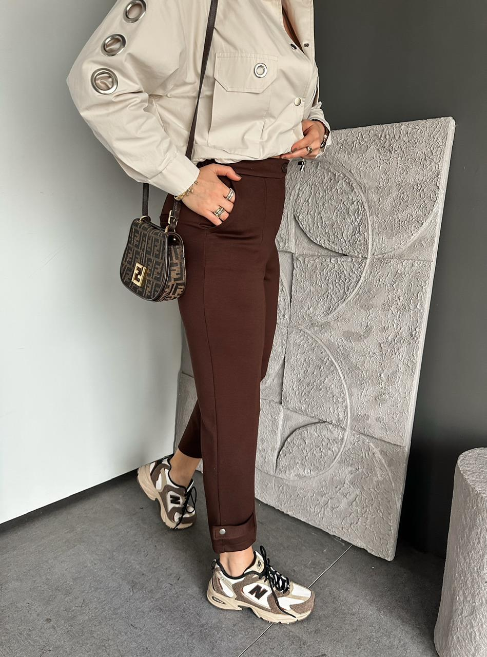 Kahve Paçası Çıtçıtlı Ful Likralı Pantolon