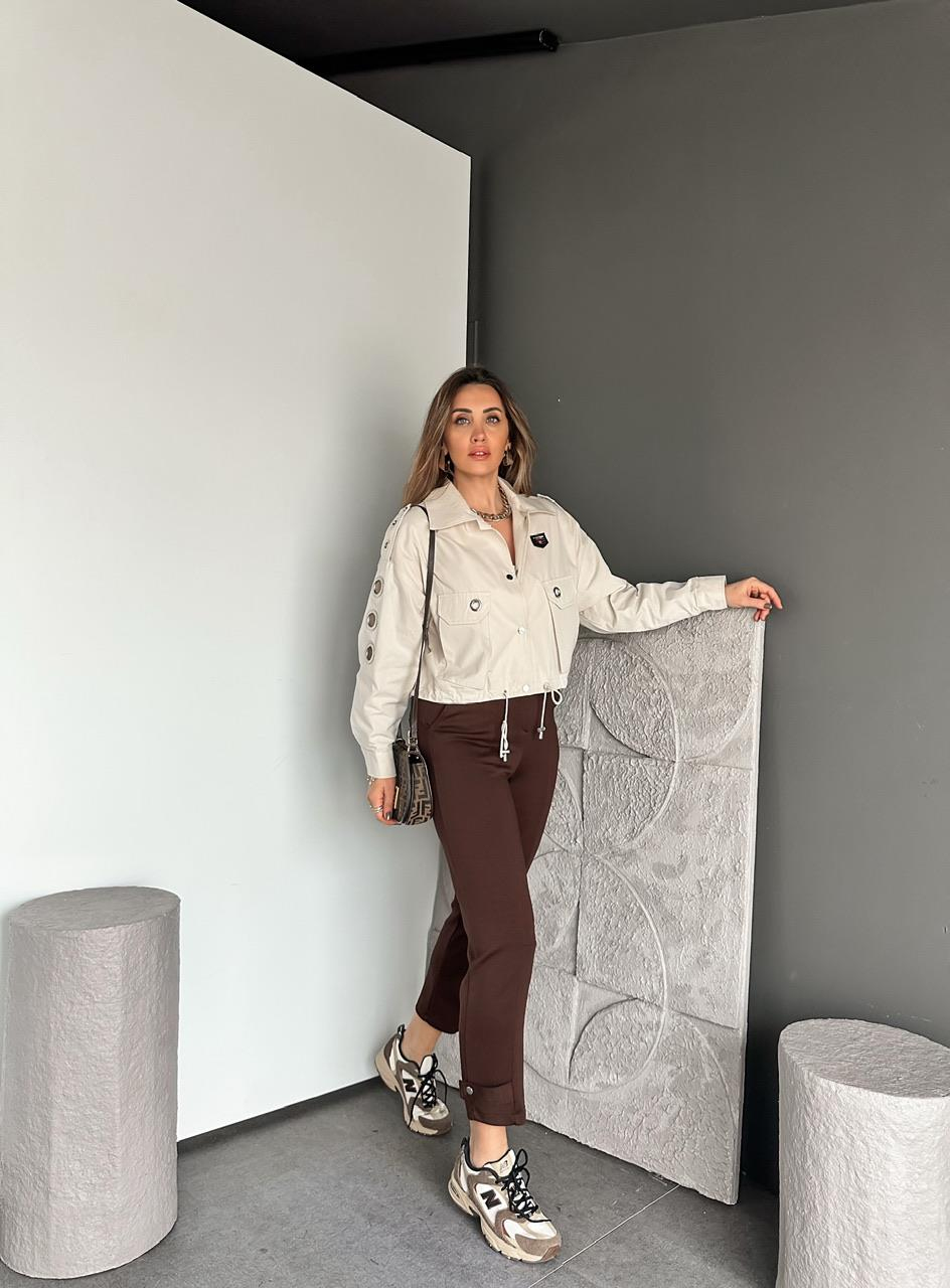 Kahve Paçası Çıtçıtlı Ful Likralı Pantolon