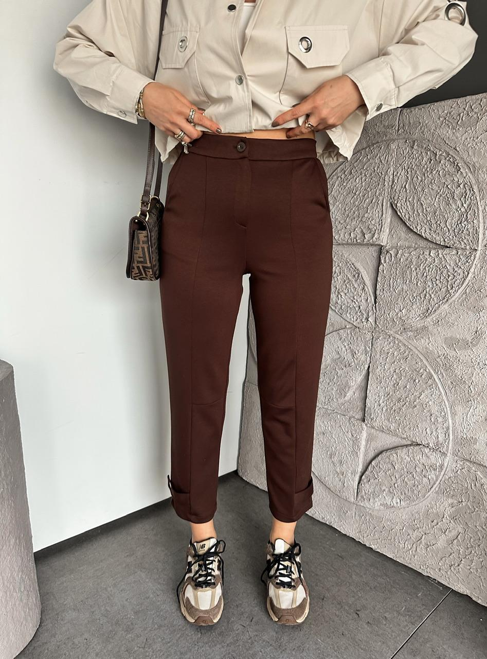 Kahve Paçası Çıtçıtlı Ful Likralı Pantolon