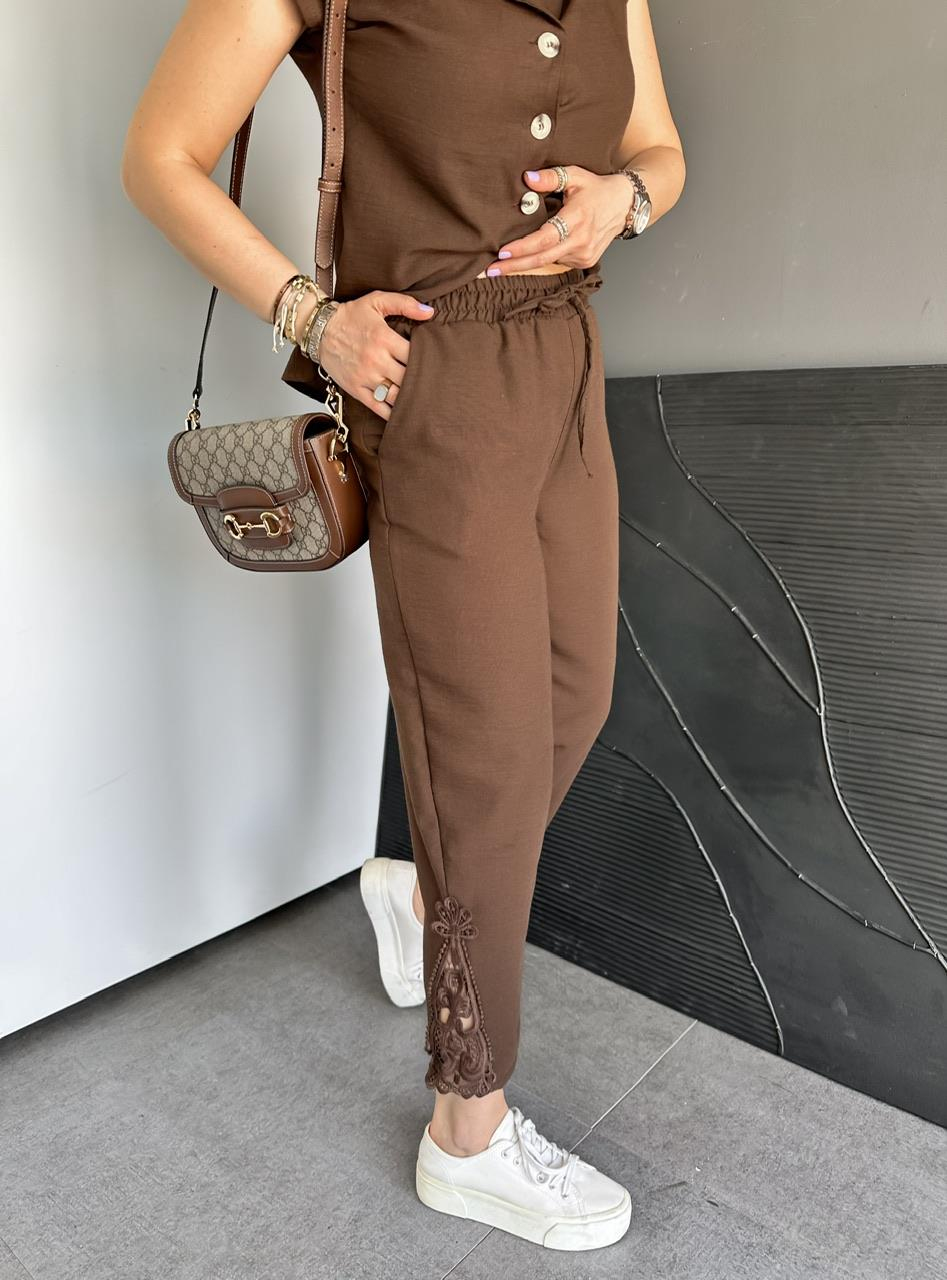 Kahve Paçası Fistolu Keten Takım