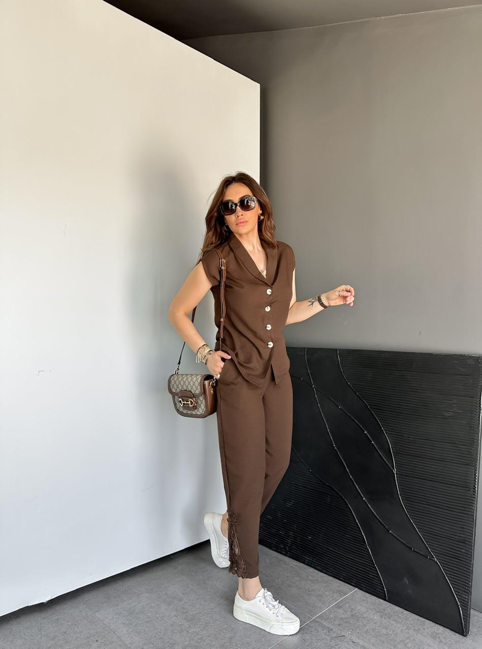 Kahve Paçası Fistolu Keten Takım