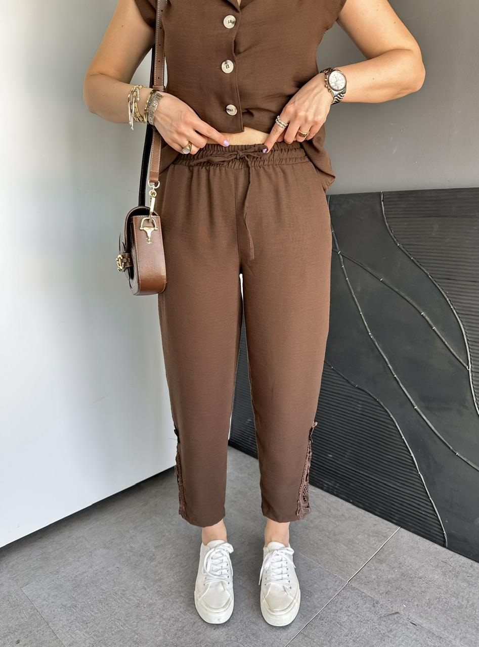 Kahve Paçası Fistolu Keten Takım