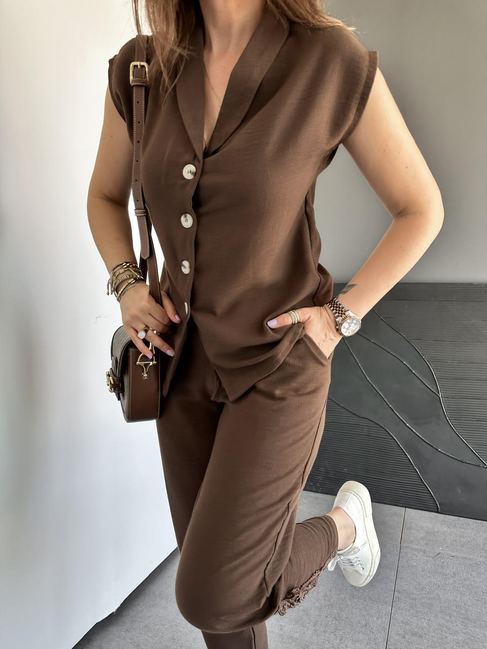 Kahve Paçası Fistolu Keten Takım