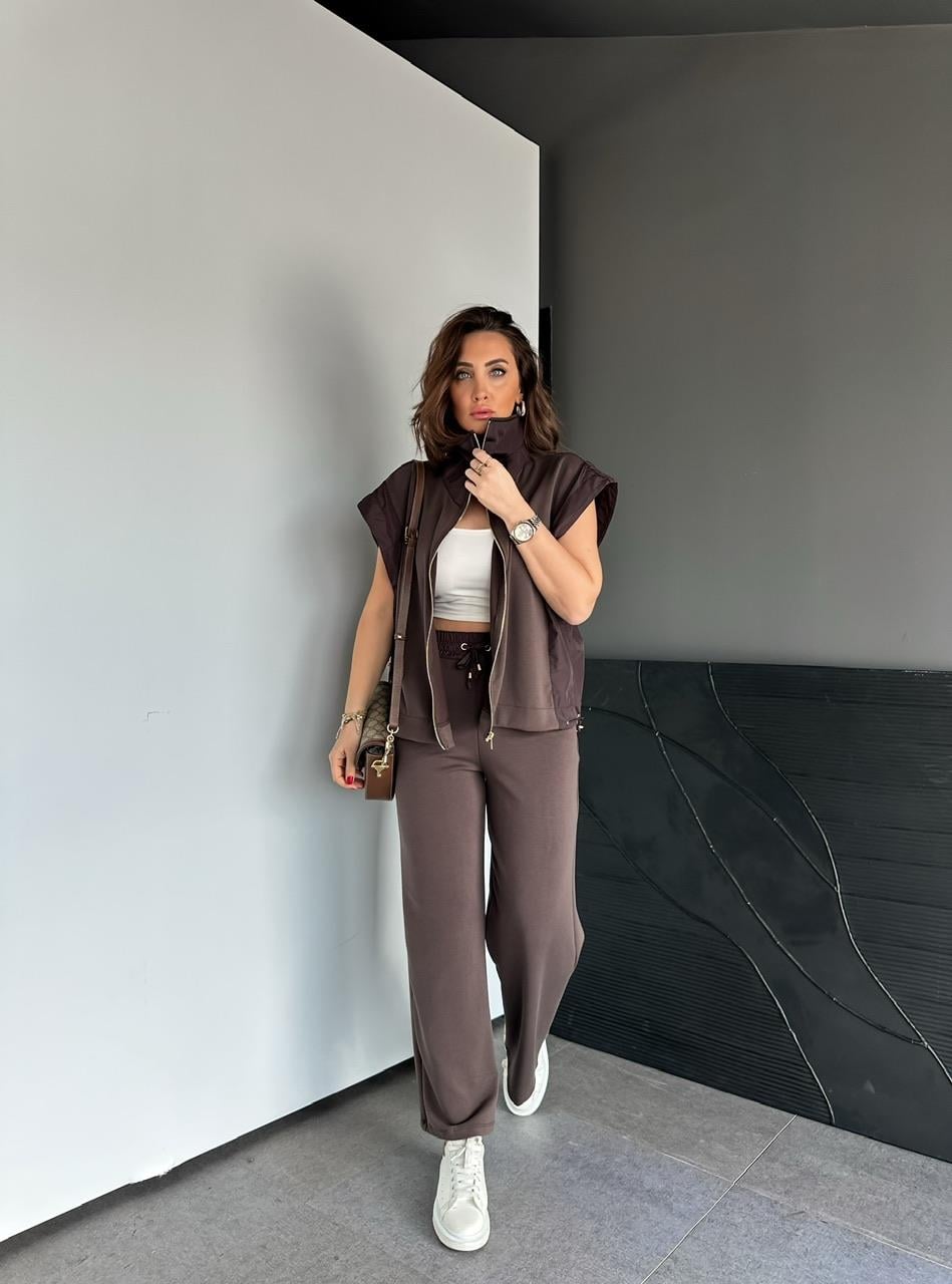 Kahve Paraşüt Detaylı Yelekli Takım