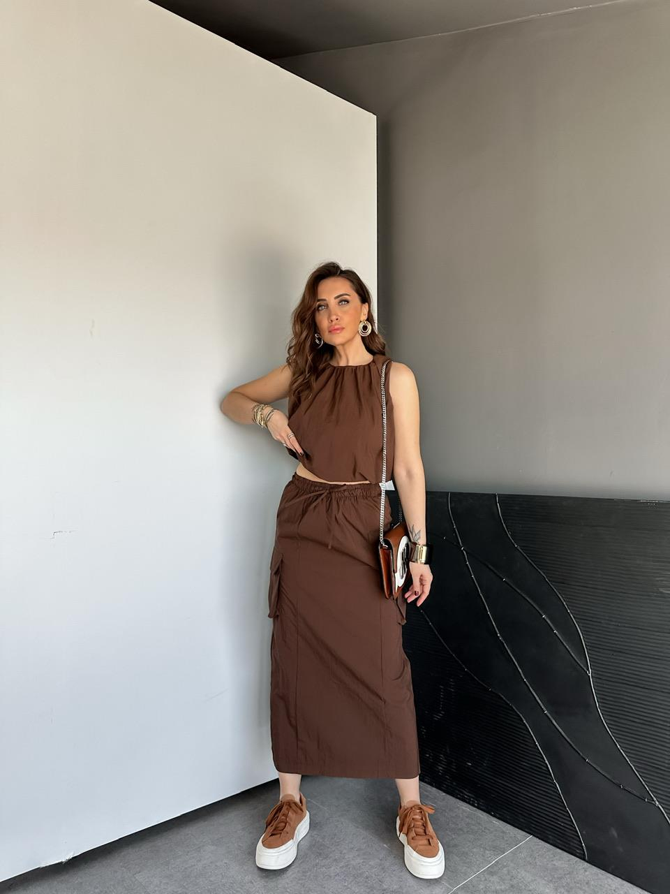 Kahve Paraşüt Kargo Cepli Etekli Takım