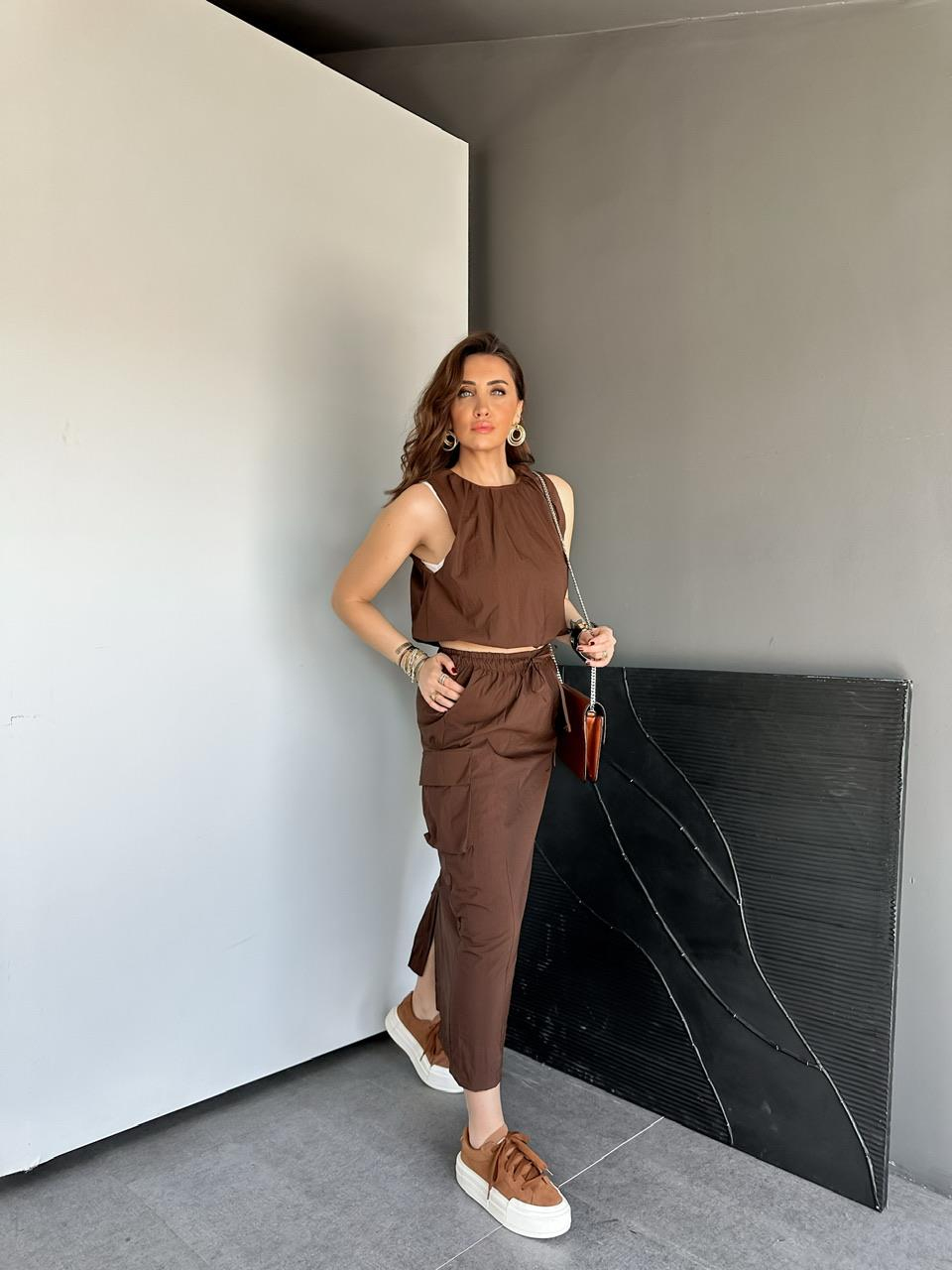 Kahve Paraşüt Kargo Cepli Etekli Takım