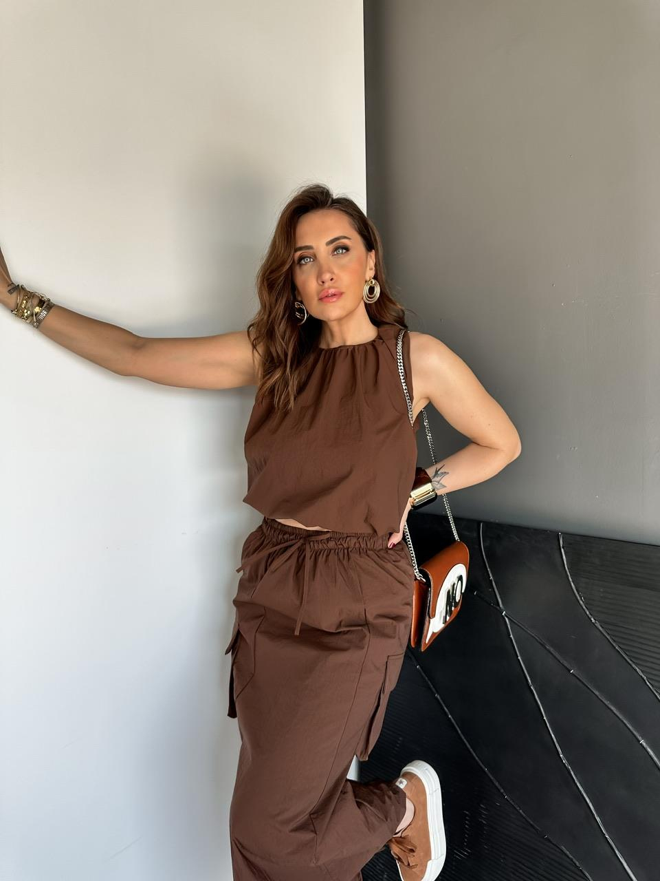 Kahve Paraşüt Kargo Cepli Etekli Takım