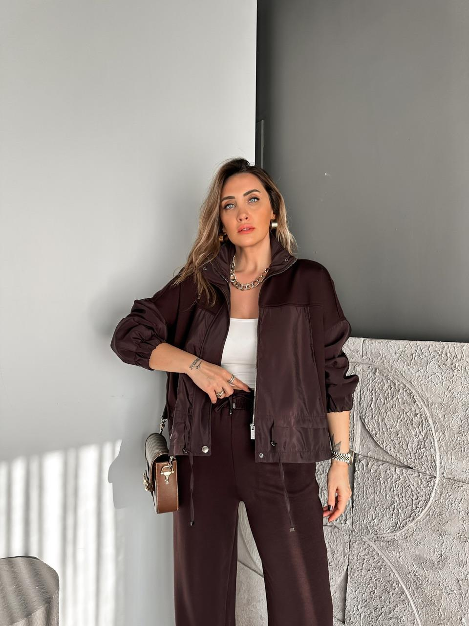 Kahve Paraşüt Mix Fermuarlı Mont Takım