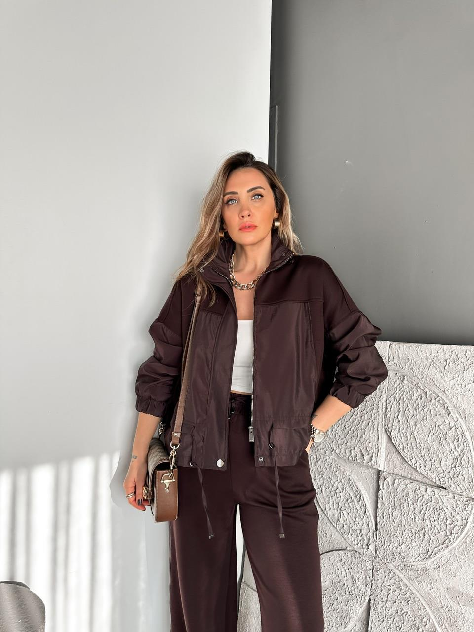Kahve Paraşüt Mix Fermuarlı Mont Takım