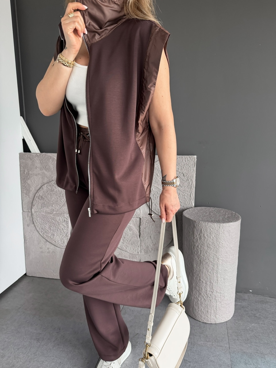 Kahve Paraşüt Mix Yelekli Modal Takım