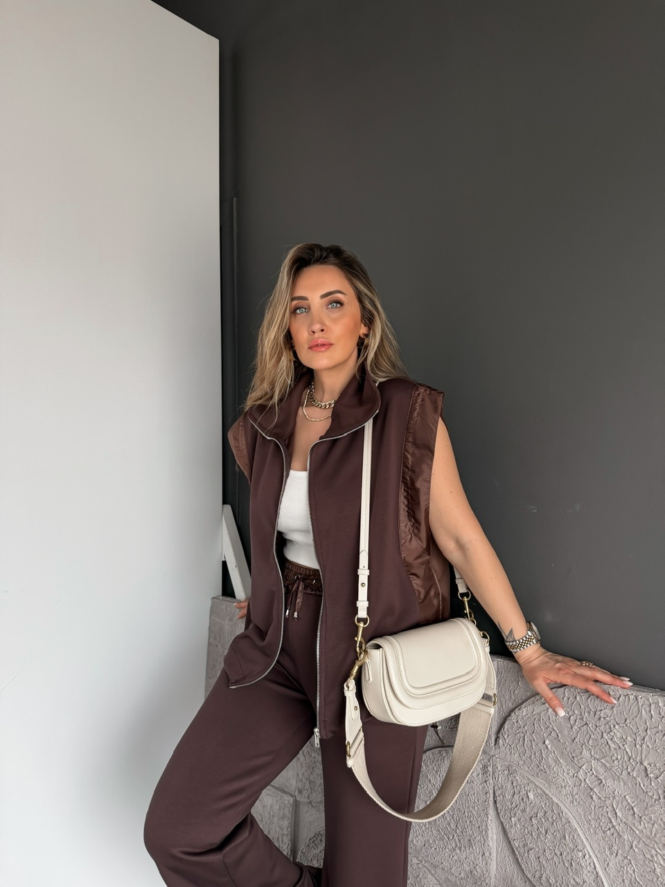Kahve Paraşüt Mix Yelekli Modal Takım