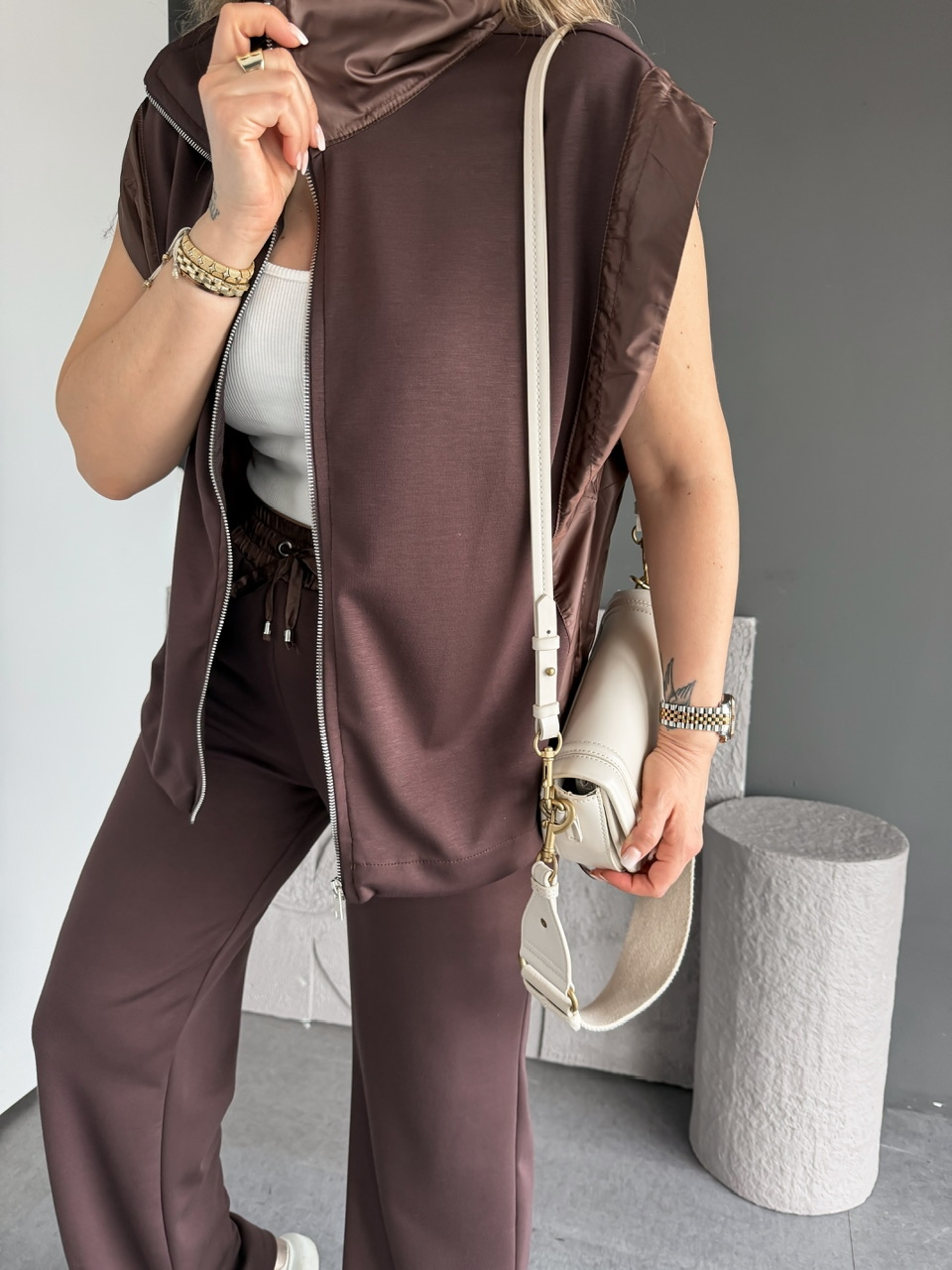 Kahve Paraşüt Mix Yelekli Modal Takım