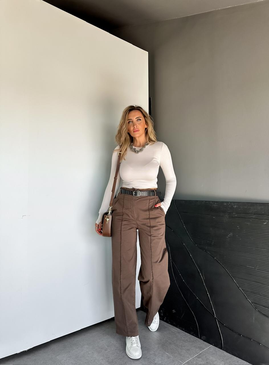 Kahve Parça Dikişli Kemerli Pantolon