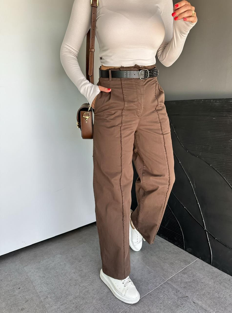 Kahve Parça Dikişli Kemerli Pantolon