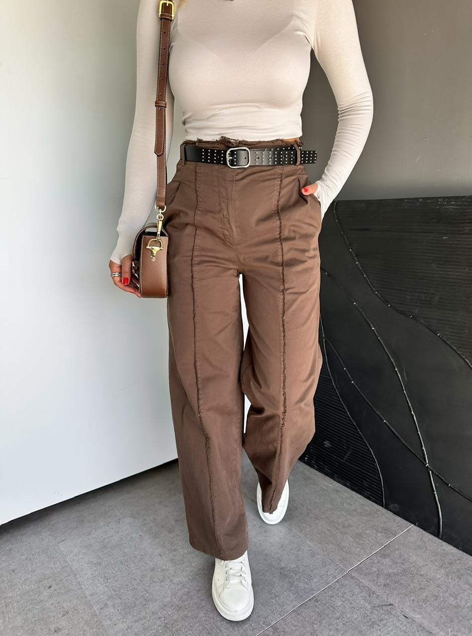 Kahve Parça Dikişli Kemerli Pantolon