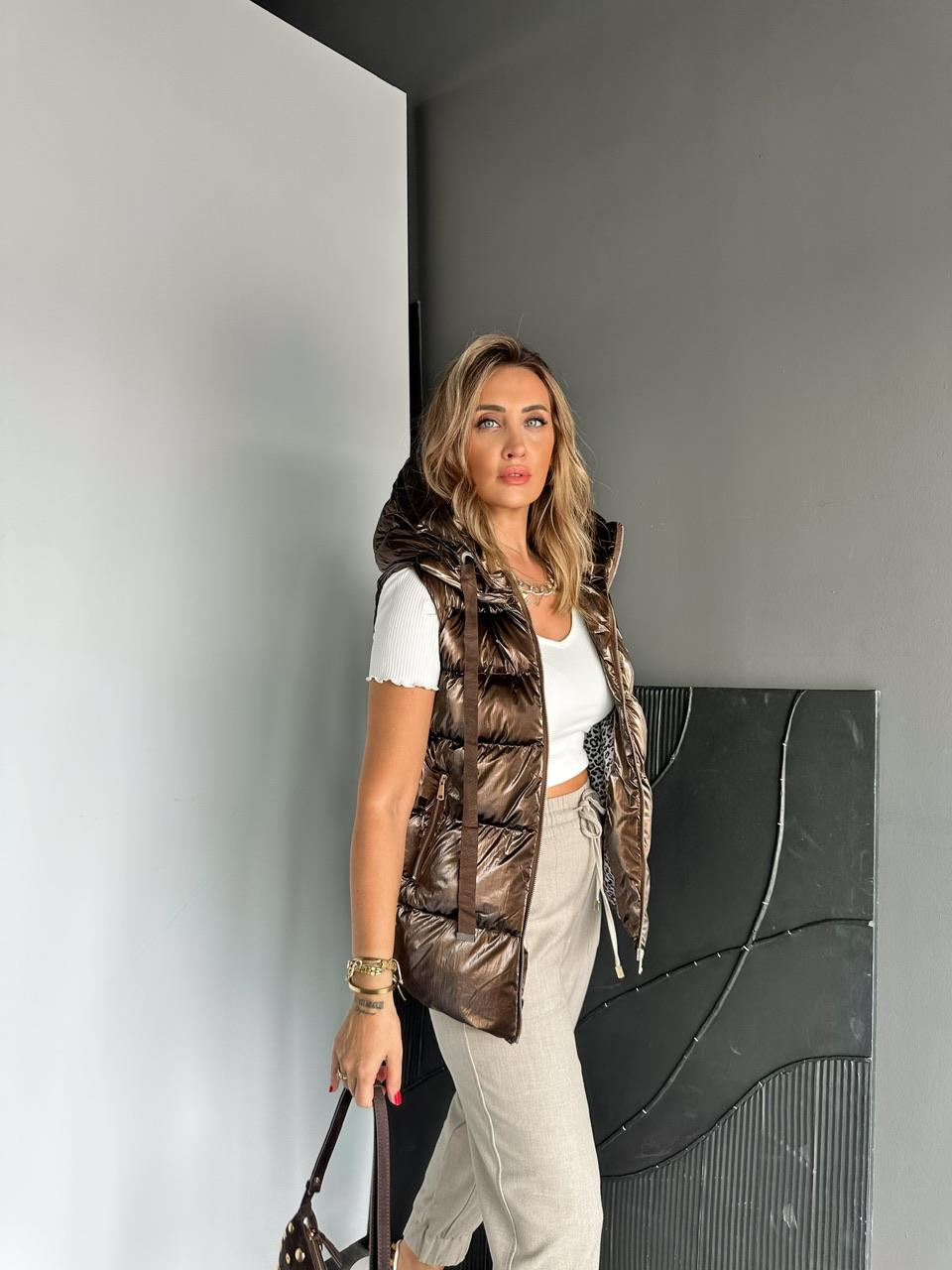 Kahve Parlak Dokulu Şişme Yelek