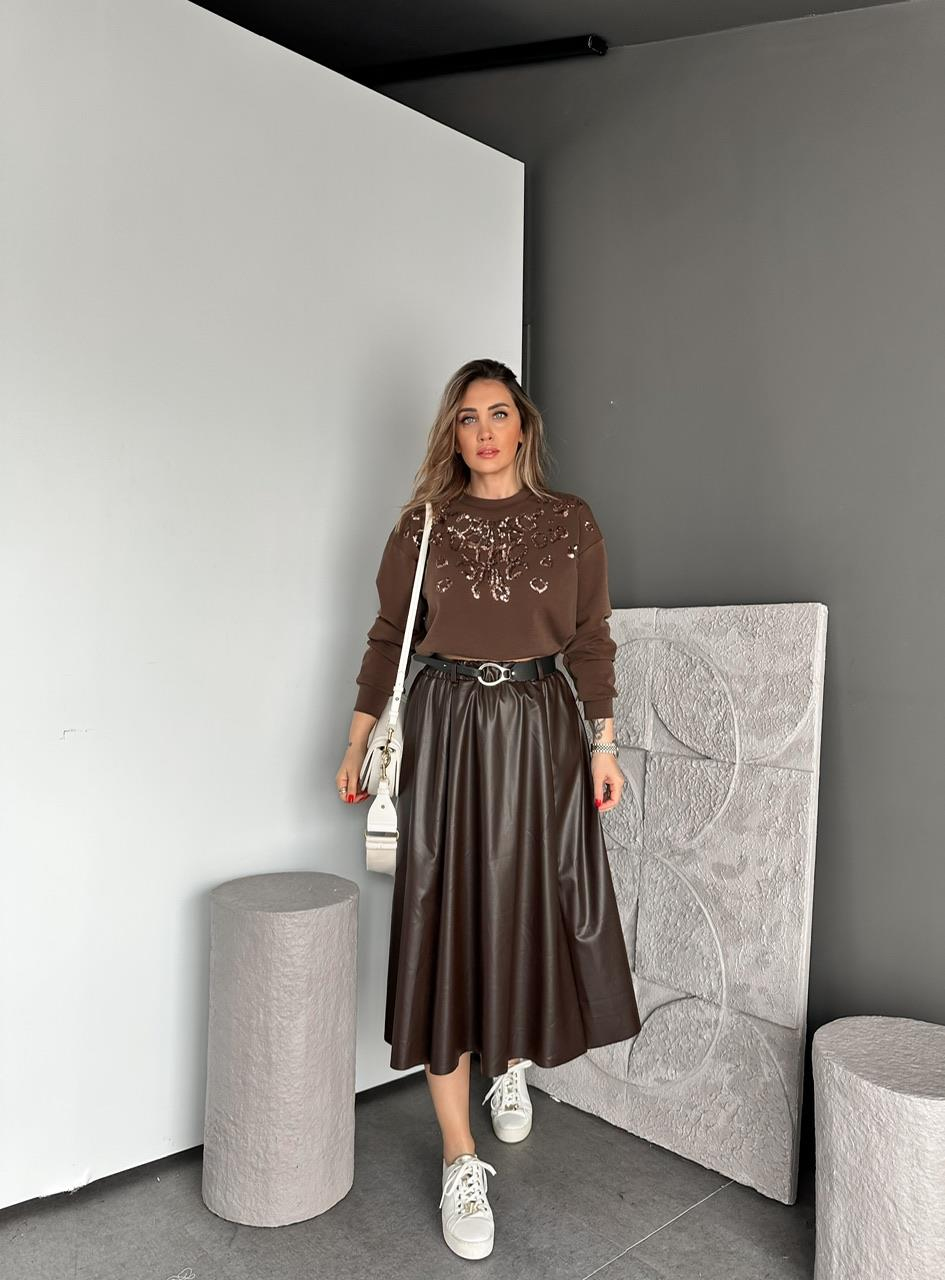 Kahve Payet İşlemeli Modal Sweatshirt