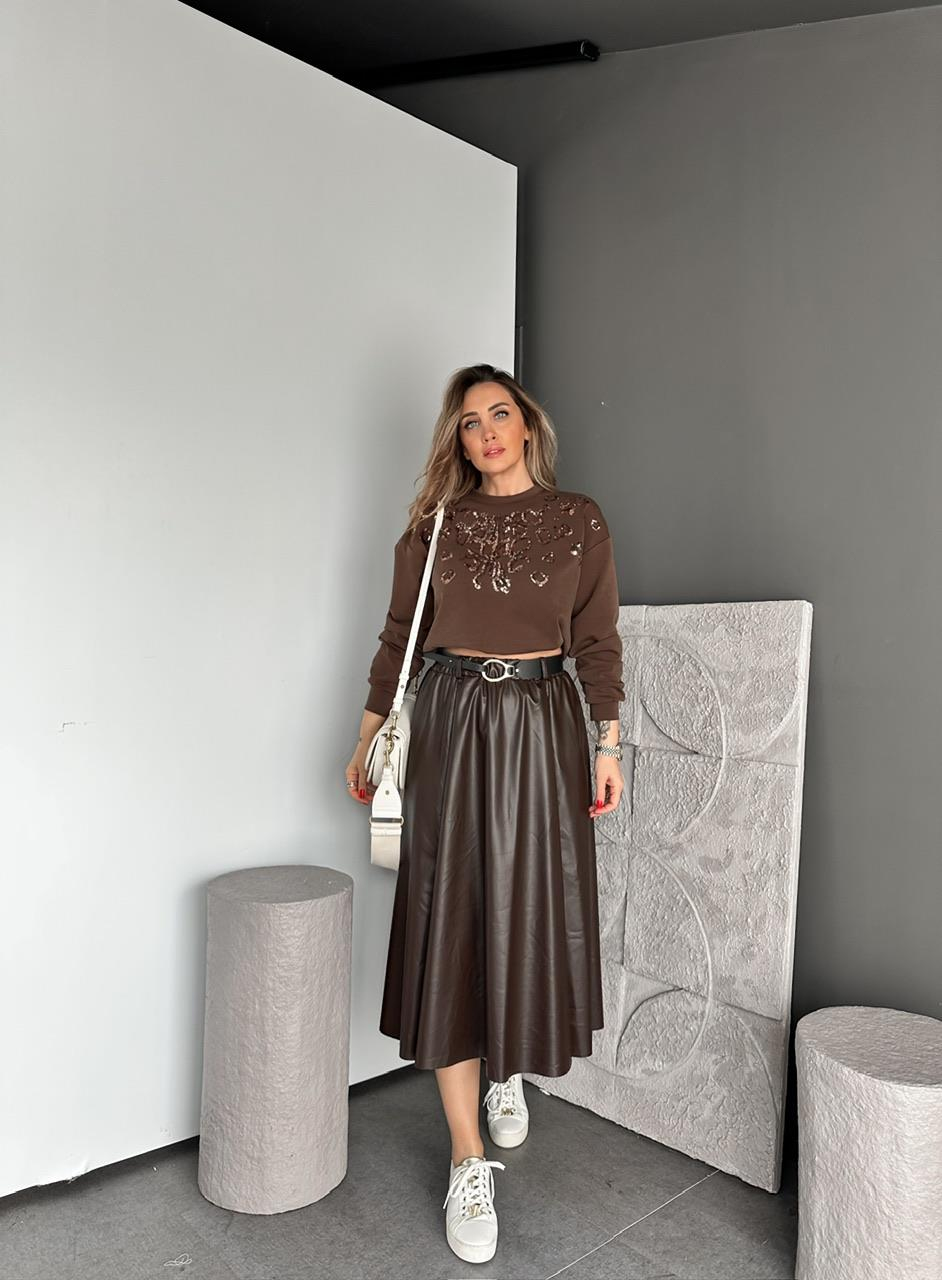 Kahve Payet İşlemeli Modal Sweatshirt