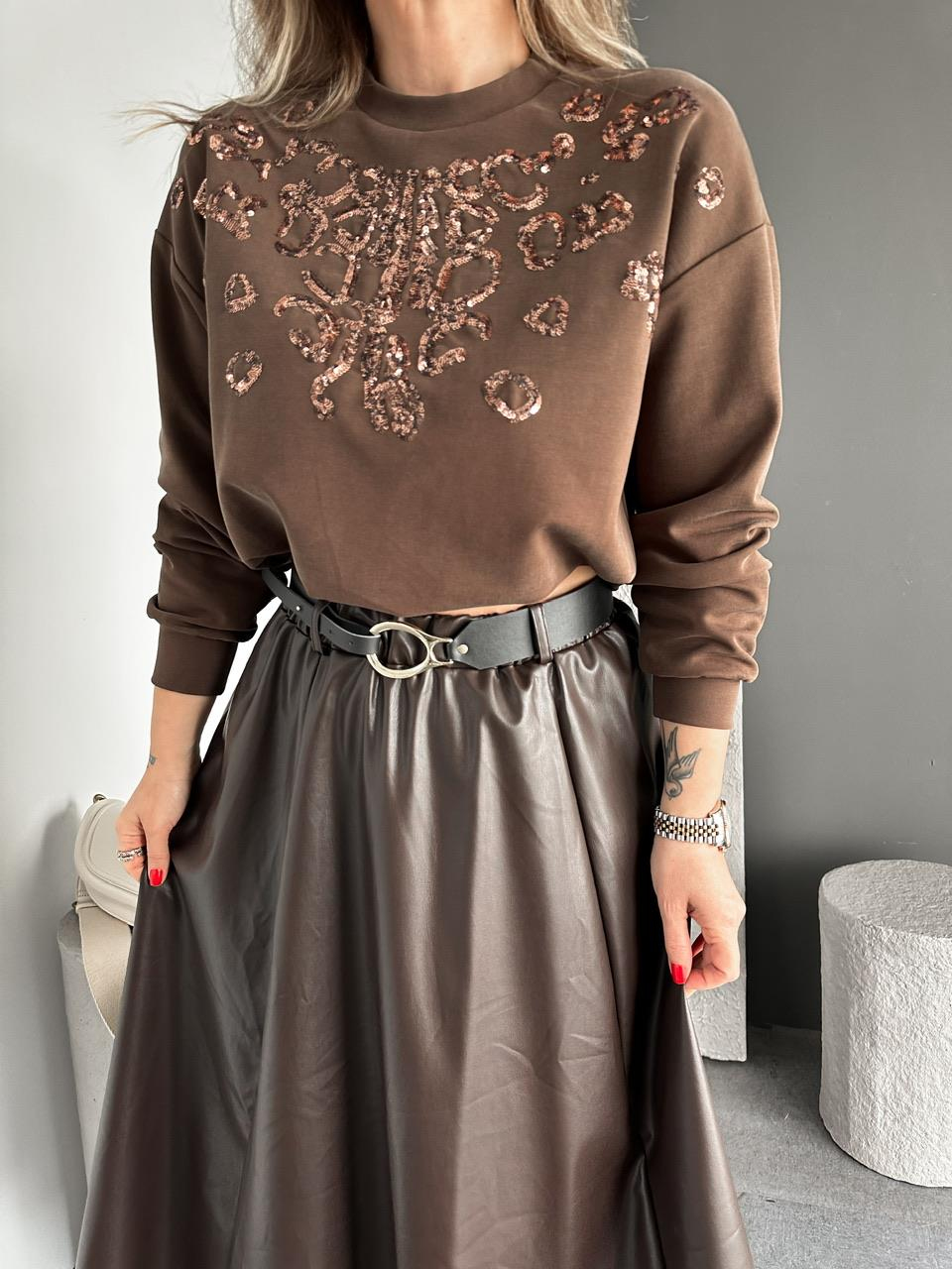 Kahve Payet İşlemeli Modal Sweatshirt