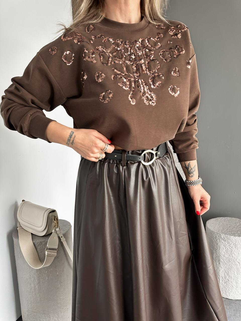 Kahve Payet İşlemeli Modal Sweatshirt