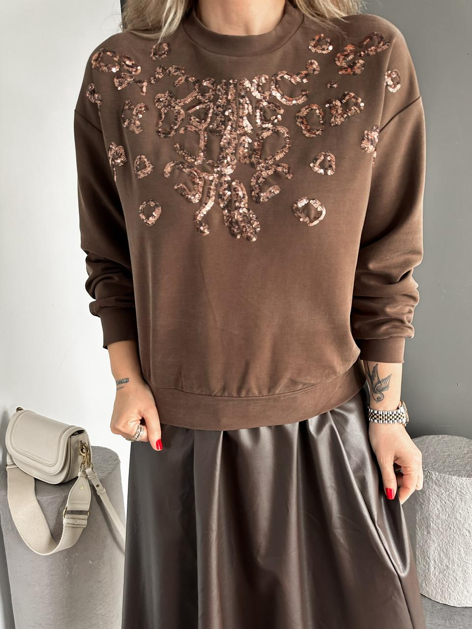 Kahve Payet İşlemeli Modal Sweatshirt