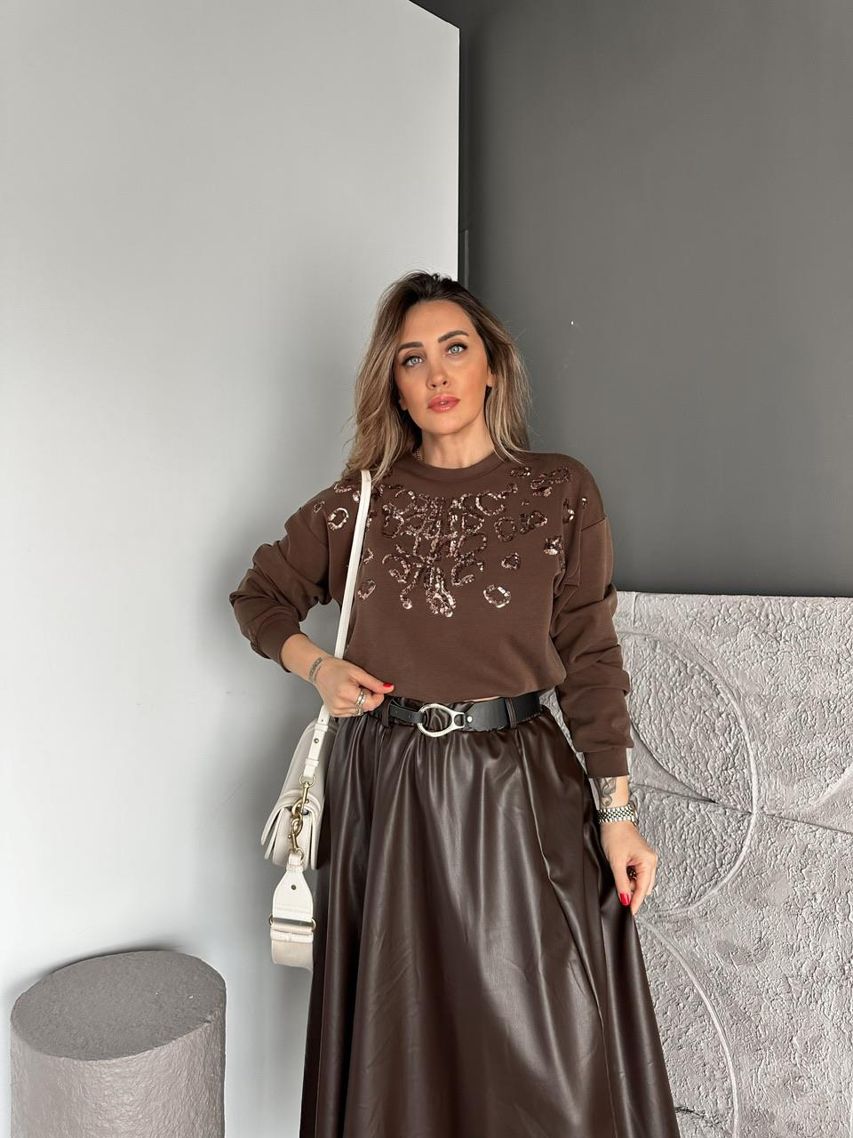 Kahve Payet İşlemeli Modal Sweatshirt
