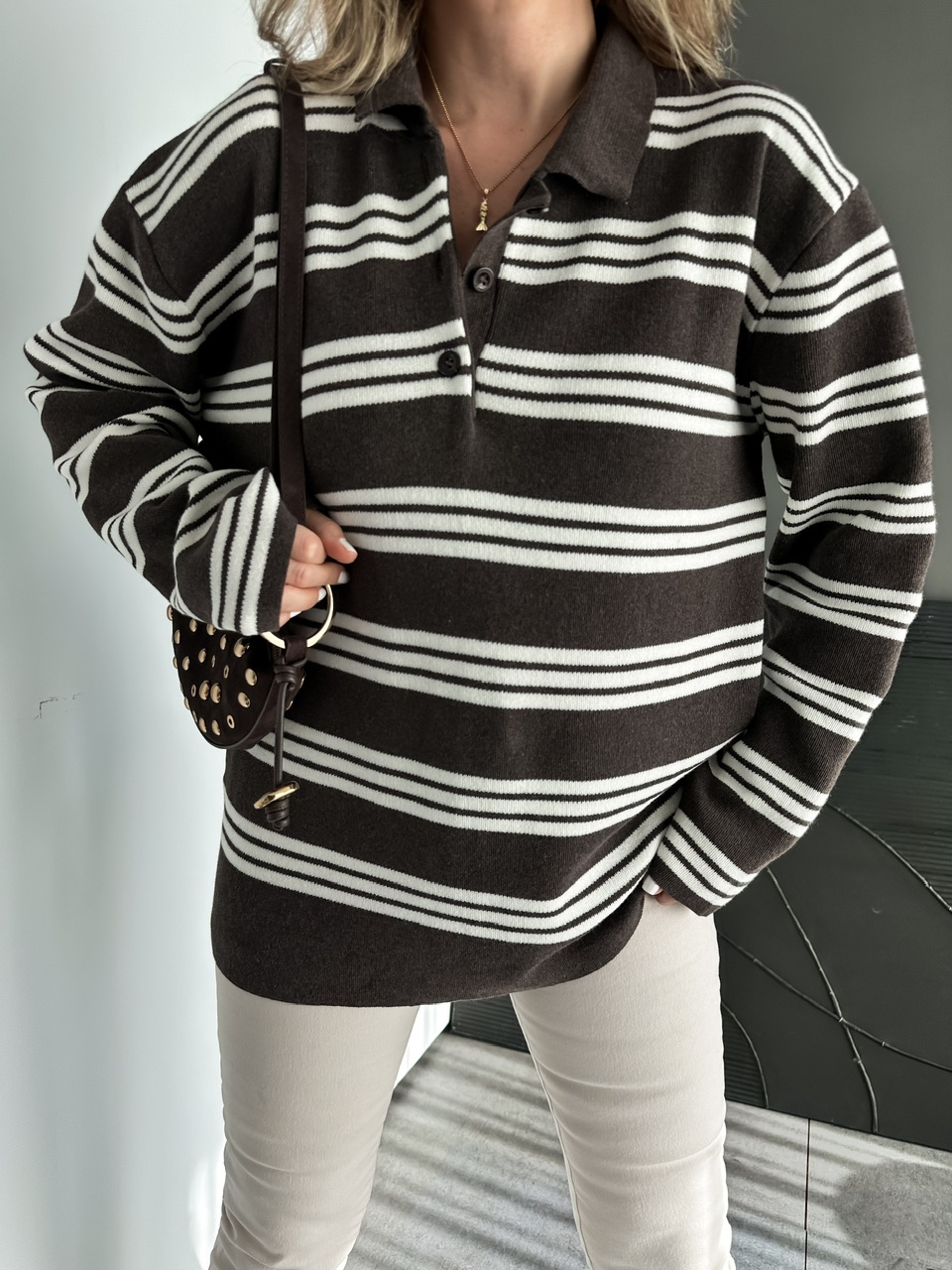 Kahve Polo Yaka Düğmeli Oversize Kazak