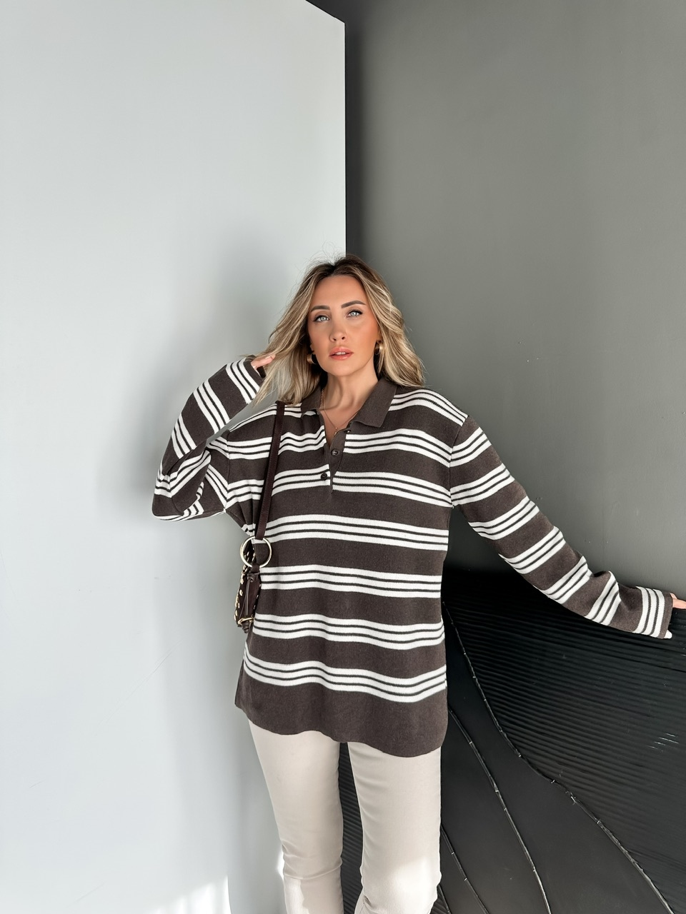 Kahve Polo Yaka Düğmeli Oversize Kazak