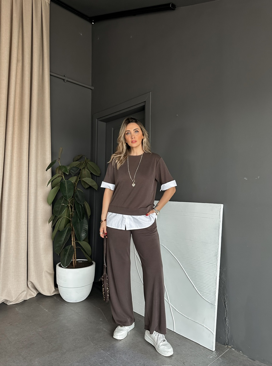 Kahve Poplin Detaylı Modal Takım