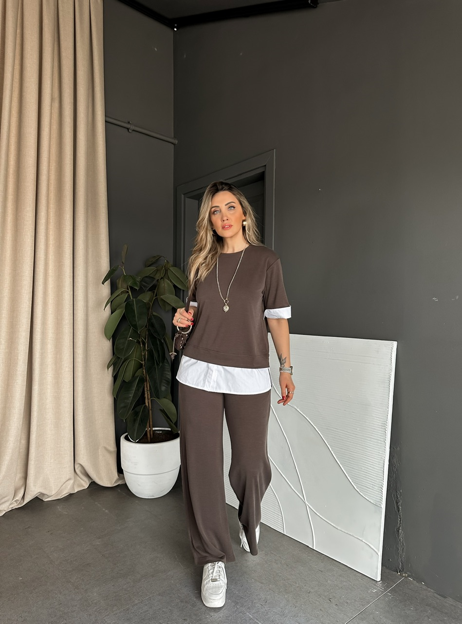 Kahve Poplin Detaylı Modal Takım