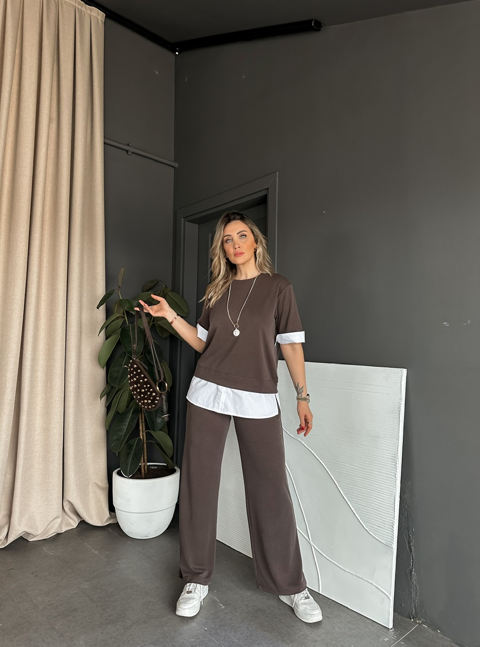 Kahve Poplin Detaylı Modal Takım