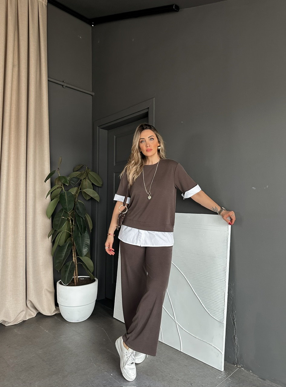 Kahve Poplin Detaylı Modal Takım