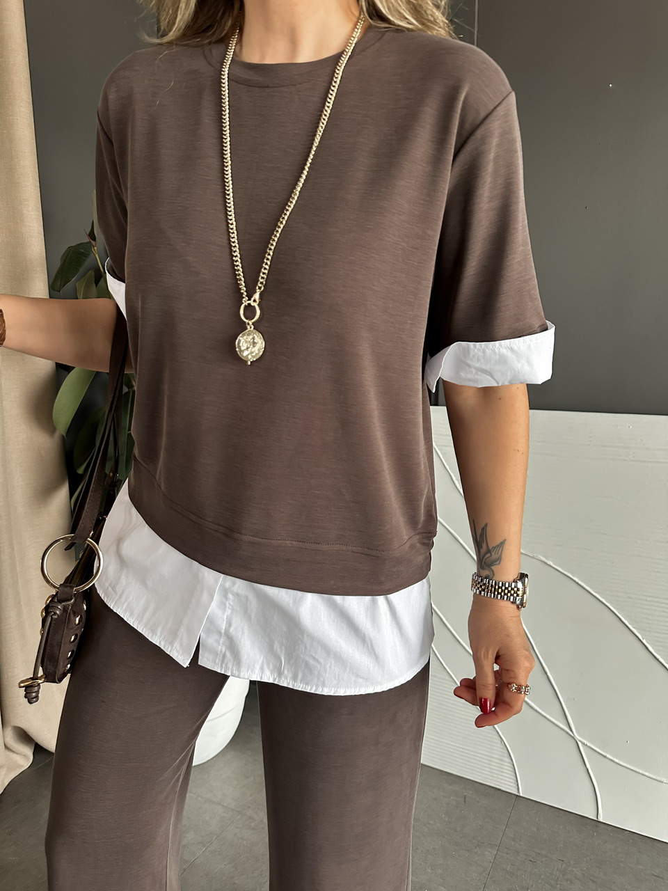 Kahve Poplin Detaylı Modal Takım