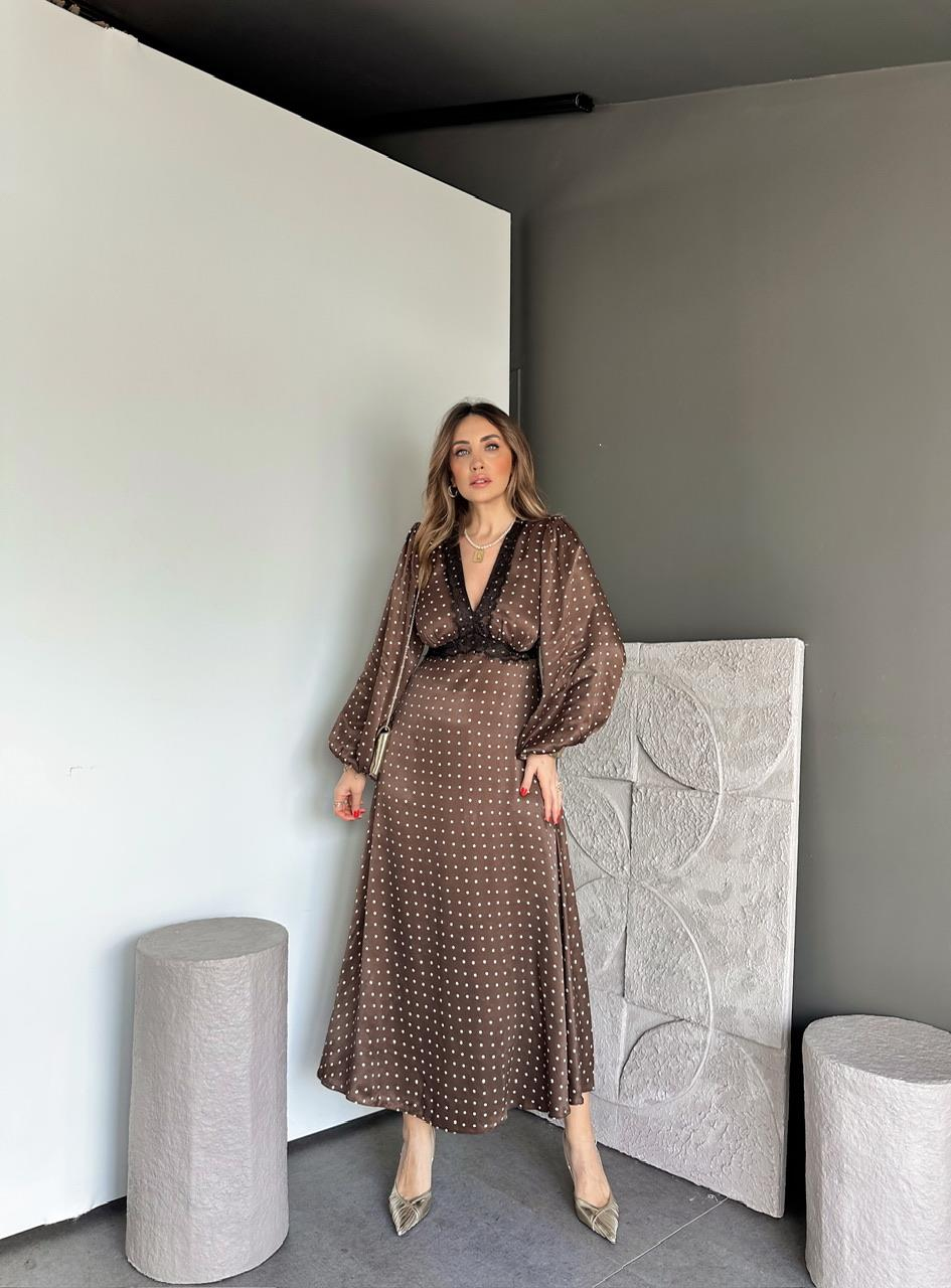 Kahve Puantiyeli Dantelli Saten Elbise