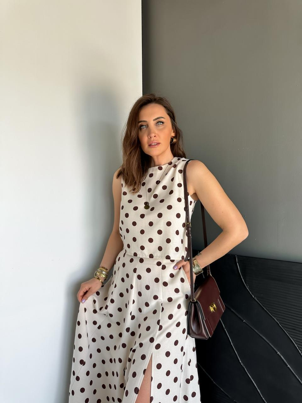 Kahve Puantiyeli Etekli Keten Takım