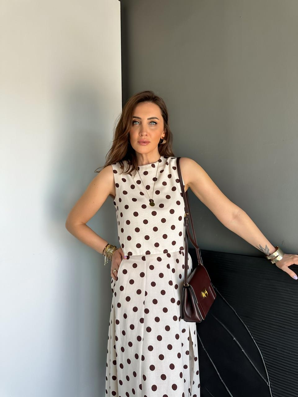 Kahve Puantiyeli Etekli Keten Takım