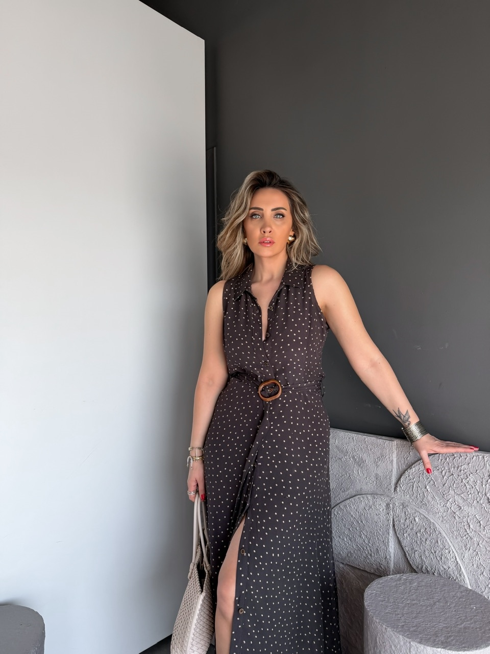 Kahve Puantiyeli Kemerli Maxi Elbise