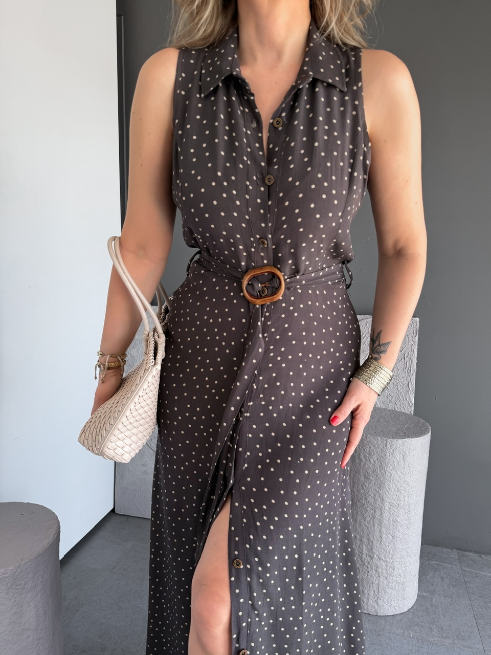 Kahve Puantiyeli Kemerli Maxi Elbise
